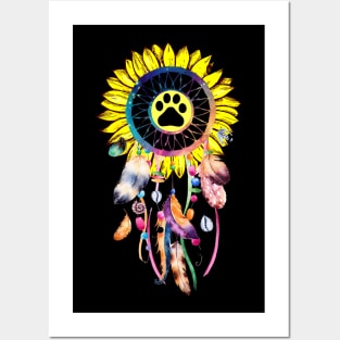 Dreamcatcher Sunflower Dog Paw Posters and Art